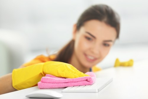 Professional cleaners preparing a bathroom during a Brompton move-out clean